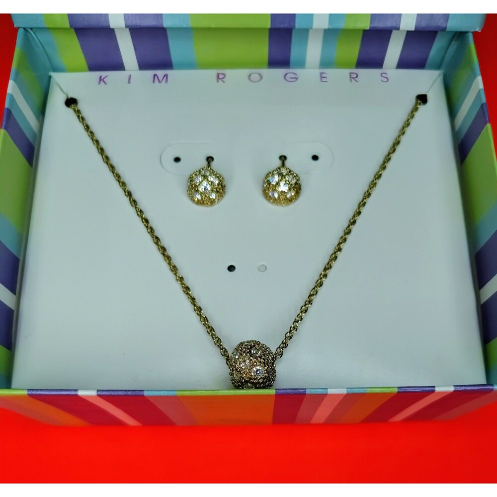 Kim Rogers Jewelry Set Necklace Earrings Gold Tone Crystal Ball Gift Boxed 18" N